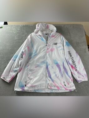 New Balance Women's 3X Full Zip Windbreaker Tie Dye Pink Blue White Reflective